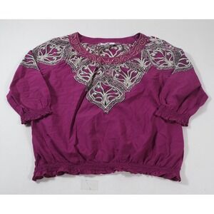 Style & Co Blouse Women 10 Magenta Scroll Embroidered Smocked Hem Boho Top